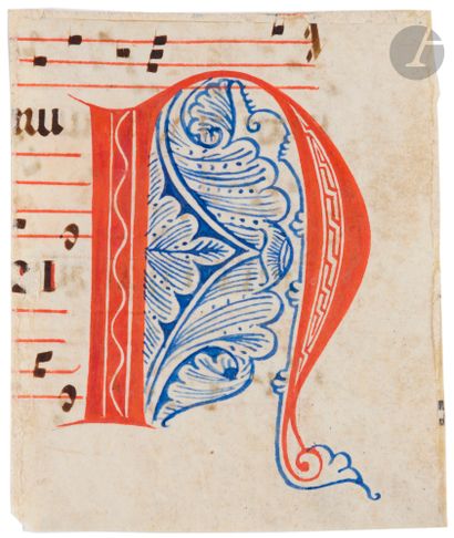 null [ENLUMINATION]. [CHOIR BOOK].
Set of 3 ornate initials from a choir book.
Square...