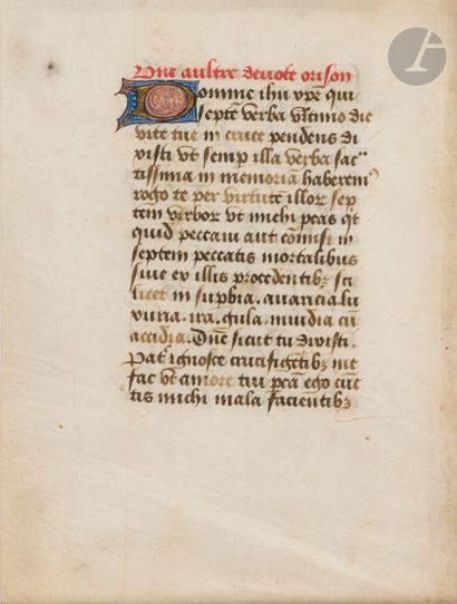 null [ENLUMINURE]. [HEURES].
Feuillet extrait d’un livre d’heures.
Oraison en latin,...