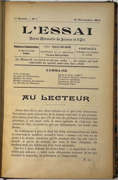 null L’ESSAI
Revue Mensuelle de Science et d’Art
N° 1, 15 décembre 1903-n° 12, 15...