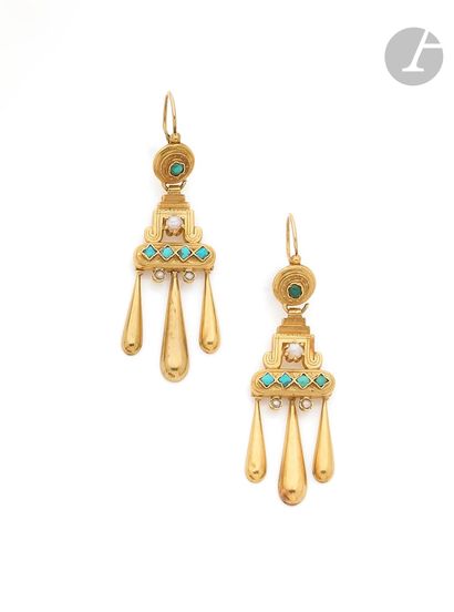 null Paire de pendants d’oreilles en or 18K (750), ornés de turquoises cabochons...