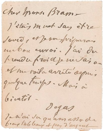 null Edgar DEGAS (1834-1917). L.A.S., [Paris, 3 avril 1901], à Hector Brame ; 1 page...
