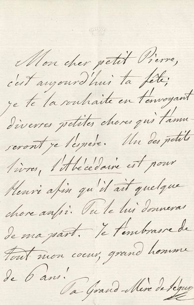 null Sophie, Countess de SÉGUR (1799-1874). L.A.S., [13 February 1859], to her grandson...