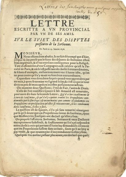 null Blaise PASCAL (1623-1662). Imprimé, [Les Provinciales], 1656 ; cahier de 8 pages...