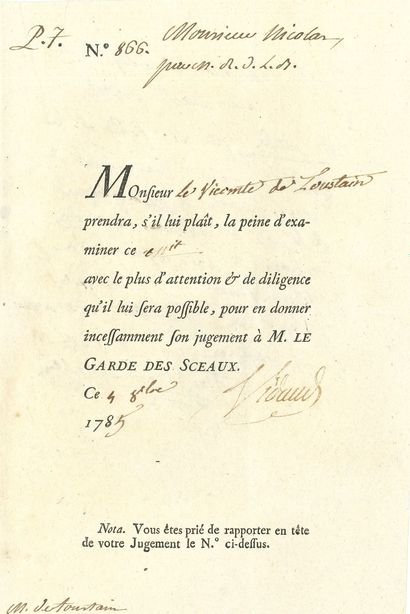 null [Nicolas-Edme RÉTIF DE LA BRETONNE]. 4 P.S., 1785-1788; 1 page in-8 partly printed...
