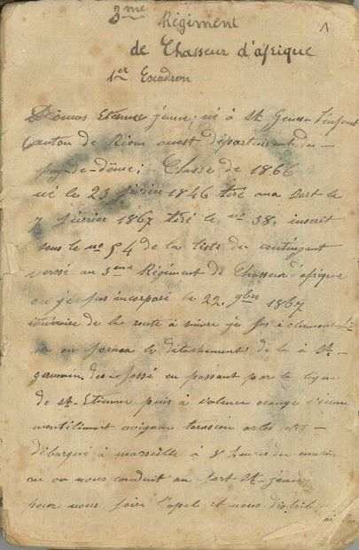 null CHASSEURS D’AFRIQUE. Manuscrit autographe du soldat Étienne DOMAS, du 3e Régiment...