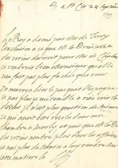null Françoise d’Aubigné, marquise de MAINTENON. L.A.S. (paraphe), Saint-Cyr 24 septembre...