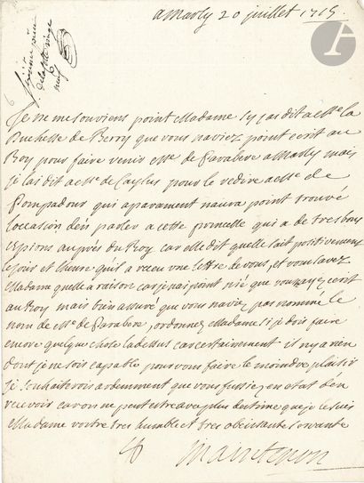 null Françoise d’Aubigné, marquise de MAINTENON. L.S., Marly 20 juillet 1715, à la...