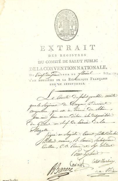 null COMITÉ DE SALUT PUBLIC. 3 P.S., 1794-1795 ; 5 pages et demie in-fol. à en-tête...