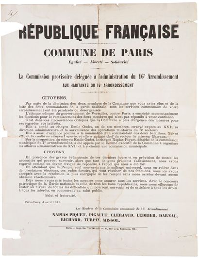 null COMMUNE DE PARIS. Affiche, République Française, Commune de Paris, Commission...