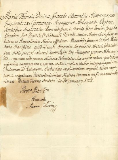 null MARIE-THÉRÈSE. L.S., Vienne 16 janvier 1762, au cardinal Furietti ; ¾ page in-fol.,...