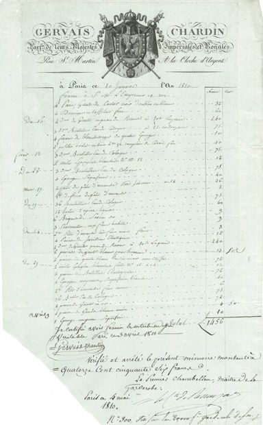 null [NAPOLÉON Ier]. Facture signée de Gervais Chardin, Parfumeur de leurs Majestés,...
