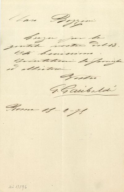 null Giuseppe GARIBALDI (1807-1882). L.S., Rome 15 février 1875, à Bozzini ; ¾ page...