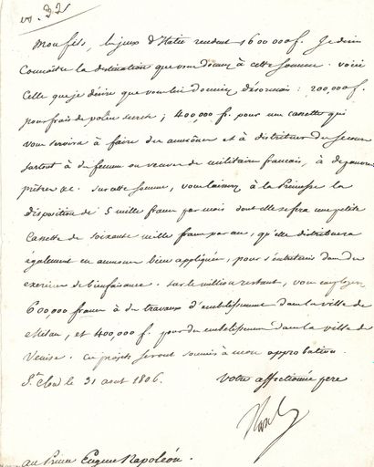 null NAPOLÉON Ier. L.S. « Napol », Saint-Cloud, 31 août 1806, au Prince Eugène ;...