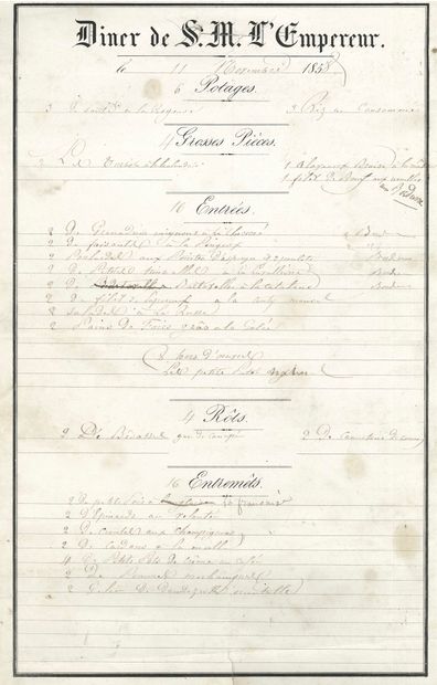 null [NAPOLÉON III]. Menus manuscrits de la maison de l’Empereur, 1858-1860 ; plus...