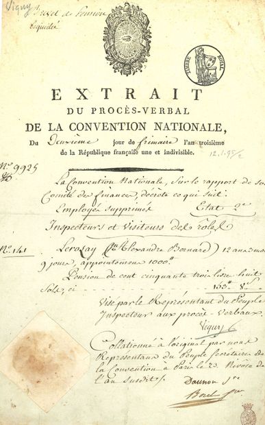 null CONVENTION NATIONALE. 2 P.S., 1794; 1 page in-fol. each with letterhead and...