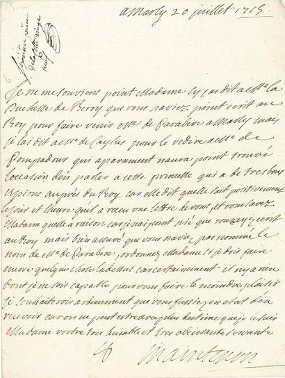 null Françoise d’Aubigné, marquise de MAINTENON. L.S., Marly 20 juillet 1715, à la...