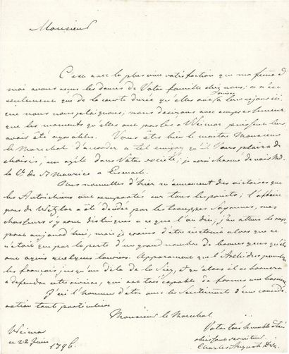 null Charles Auguste de SAXE-WEIMAR. L.A.S., Weimar 22 juin 1796, au maréchal de...