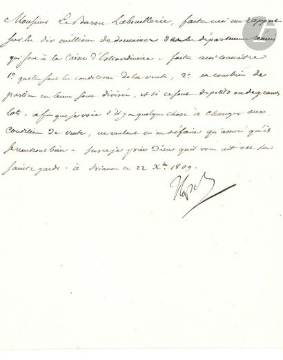 null NAPOLÉON Ier. L.S. « Napol », Trianon 22 décembre 1809, au Baron Labouillerie ;...
