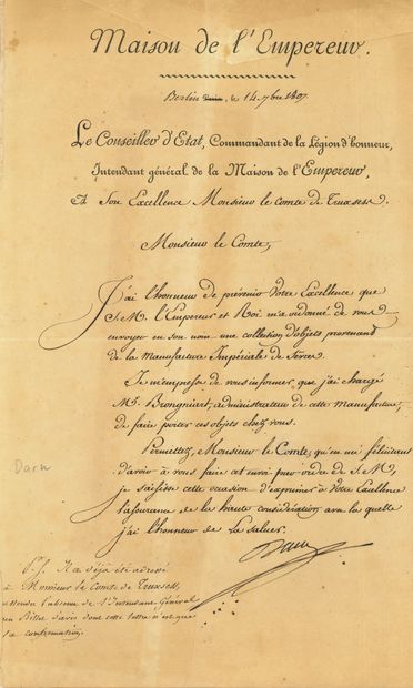 null Pierre-Antoine-Noël-Bruno, comte DARU. 4 L.S., 1807-1809 ; 5 pages in-fol.,...