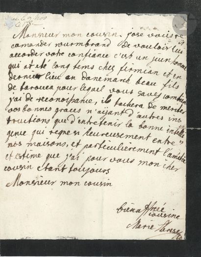 null MARIE-THÉRÈSE. L.A.S. à « Monsieur mon cousin » ; 1 page in-4 (deuil) ; en français.
Recommandation...