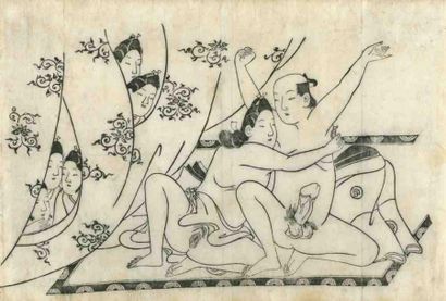 Moroshige (actif vers 1684 - 1695) Sumizuri-e, oban yoko-e, couple épié par cinq...