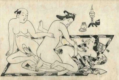 Moroshige (actif vers 1684 - 1695) Sumizuri-e, oban yoko-e, deux hommes et une femme....
