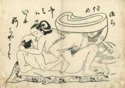 Masanobu (vers 1686 - 1764) Sumizuri-e, aiban yoko-e, amants en pleine étreinte....
