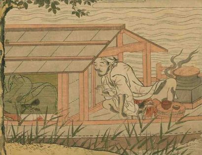 Harunobu (vers 1724 - 1770) Aiban yoko-e, homme épiant à l'entre-porte d'une maison...