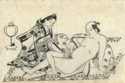 Moroshige (actif vers 1684 - 1695) Sumizuri-e, oban yoko-e, femme assise regardant...