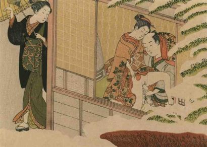 Harunobu (vers 1724 - 1770) Chuban yoko-e, femme avec ombrelle observant de l'extérieur...