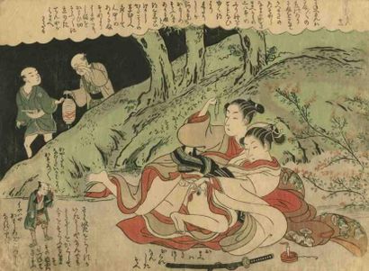 Harunobu (vers 1724 - 1770) Aiban yoko-e, amants dans la forêt à la nuit tombée,...