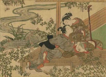 Harunobu (vers 1724 - 1770) Aiban yoko-e, deux femmes au bord d'un ruisseau, assises...