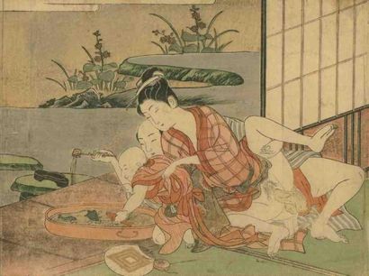 Harunobu (vers 1724 - 1770) Aiban yoko-e, amants jouant avec un enfant pêchant des...