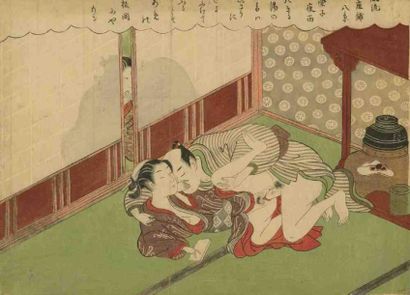 Harunobu (vers 1724 - 1770) Aiban yoko-e, amants s'unissant dans une pièce fermée,...