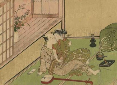 Harunobu (vers 1724 - 1770) Aiban yoko-e, amants s'embrassant dans une pièce, un...