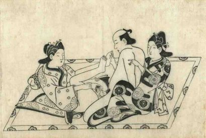 Moroshige (actif vers 1684 - 1695) Sumizuri-e, oban yoko-e, homme nu et deux femmes...