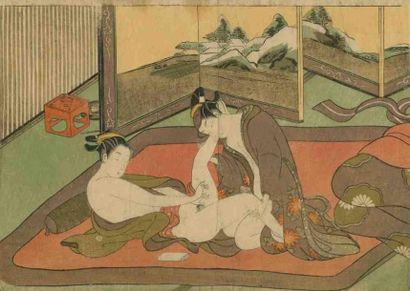 Harunobu (vers 1724 - 1770) Aiban yoko-e, amants dans une chambre devant un paravent....