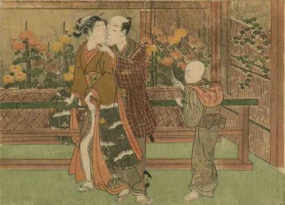 Harunobu (vers 1724 - 1770) Aiban yoko-e, amants s'embrassant un enfant à côté coupant...