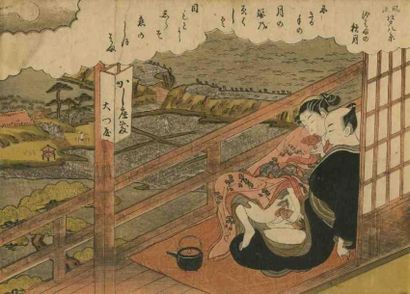 Harunobu (vers 1724 - 1770) Aiban yoko-e, union de deux amants sur une terrasse face...