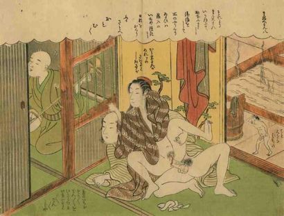 Harunobu (vers 1724 - 1770) Chuban yoko-e, "Les aventures en vogue de Maneemon" (Furyu...