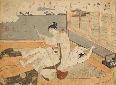 Harunobu (vers 1724 - 1770) Oban yoko-e, amants, femme tenant un balai, assise sur...