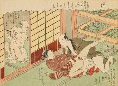 Harunobu (vers 1724 - 1770) Aiban yoko-e, amants dans une réserve à thé, observés...