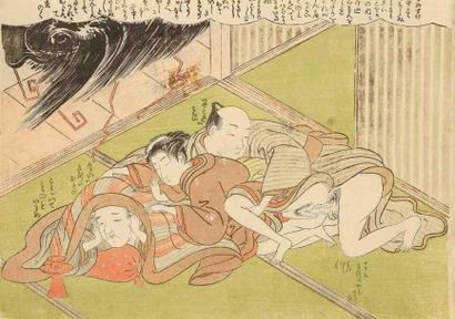 Harunobu (vers 1724 - 1770) Chuban yoko-e, ébats d'amants illégitimes lors d'un orage...