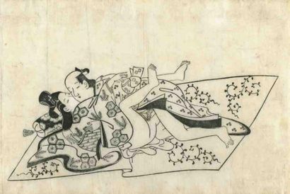 Moroshige (actif vers 1684 - 1695) Sumizuri-e, oban yoko-e, couple allongé s'étreignant....