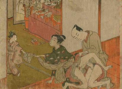 Koryusai (actif dans les années 1760 - 1780) Chuban yoko-e, servante déshabillant...
