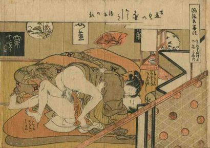 Koryusai (actif dans les années 1760 - 1780) Chuban yoko-e, amants s'étreignant dans...