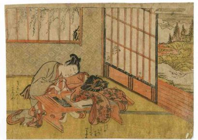 Koryusai (actif dans les années 1760 - 1780) Chuban yoko-e, deux amants dans une...