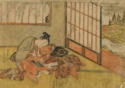 Koryusai (actif dans les années 1760 - 1780) Chuban yoko-e, deux amants dans une...