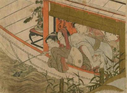 Koryusai (actif dans les années 1760 - 1780) Chuban yoko-e, deux femmes derrière...