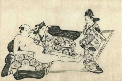Moroshige (actif vers 1684 - 1695) Sumizuri-e, oban yoko-e, homme nu allongé auprès...